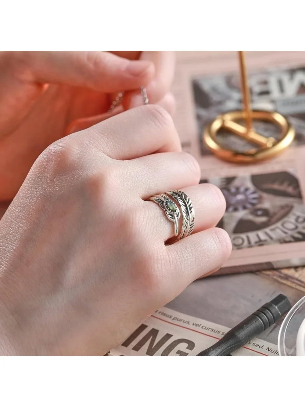 Adjustable Sterling Silver Feather Ring with Black Onyx & Turquoise - Vintage